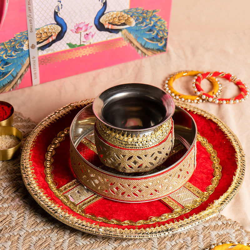Red Mirrored Karwa Chauth Thali Set