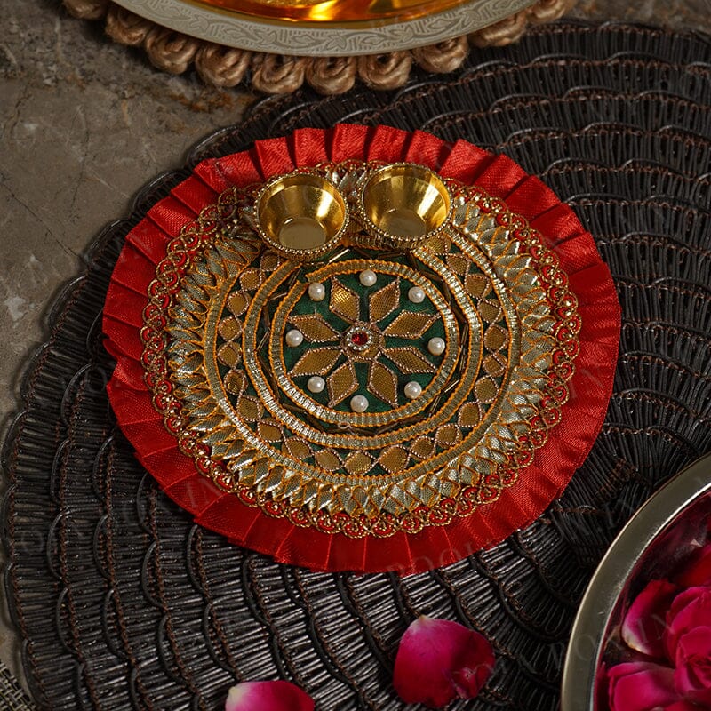Rajwada Gota Patti Red Pooja Thali 6"
