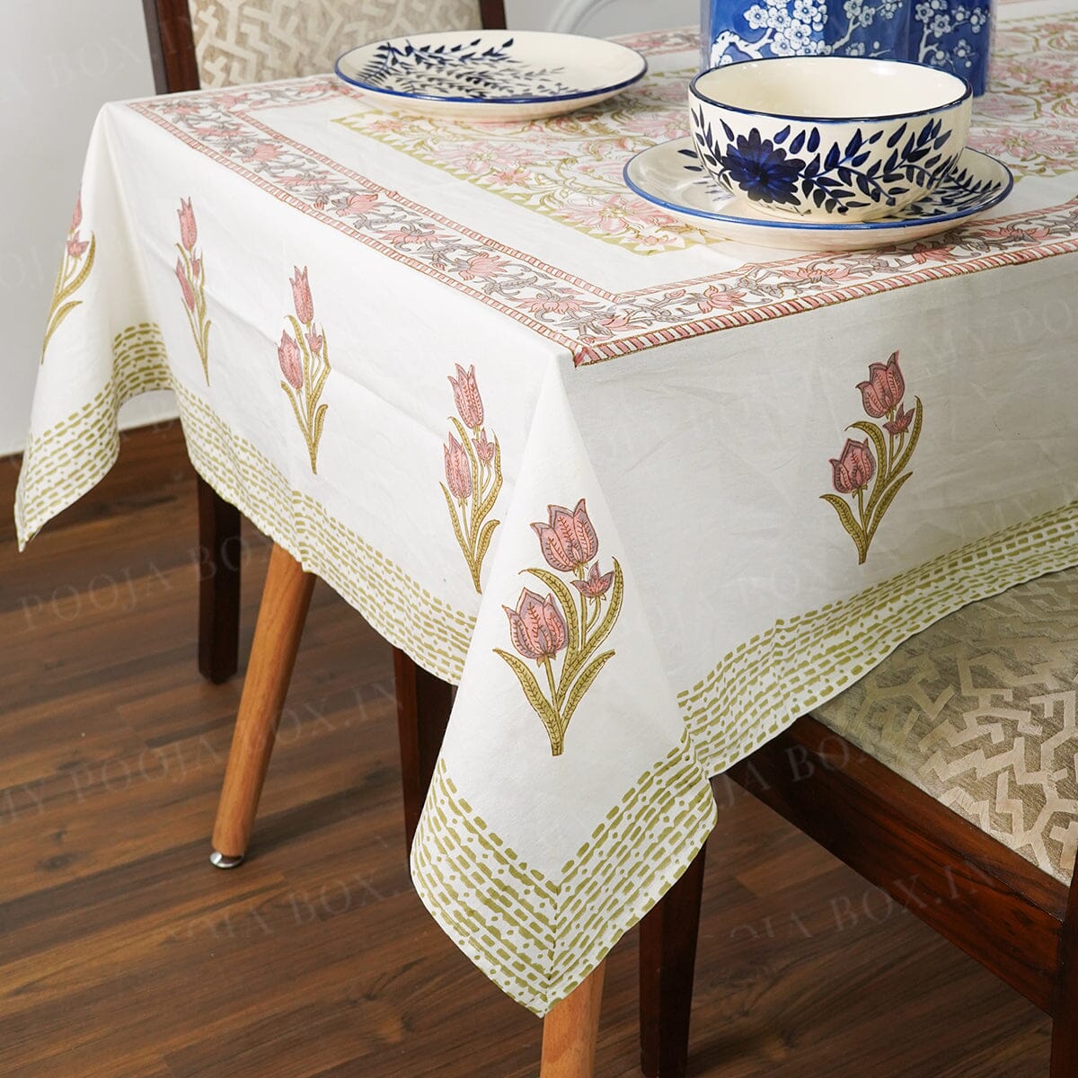 Afjali Tulip Floral Block Printed Table Cloth