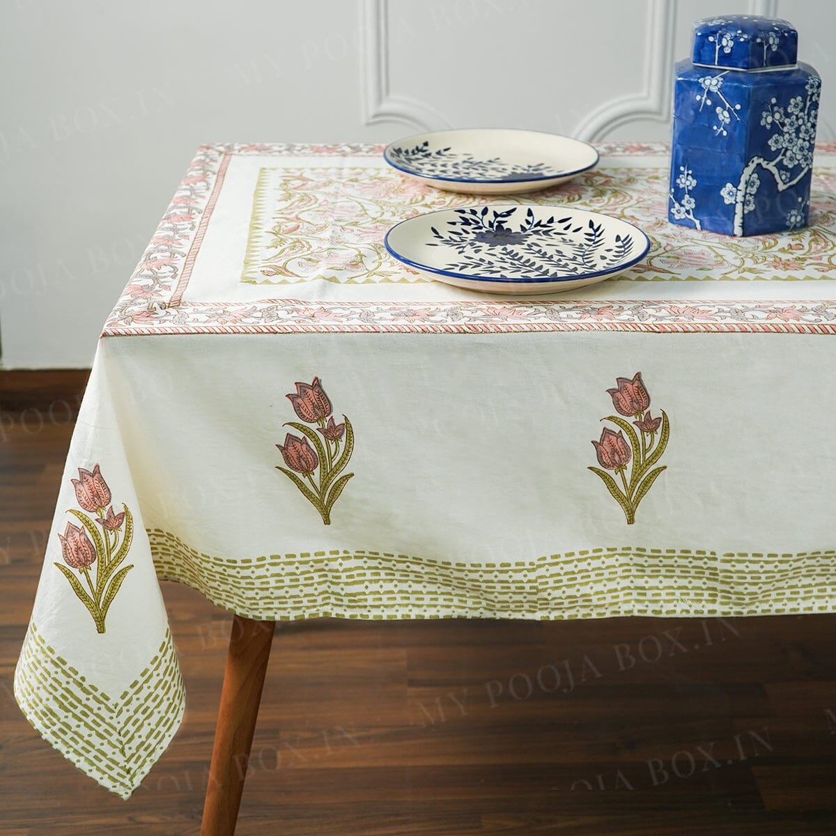 Afjali Tulip Floral Block Printed Table Cloth