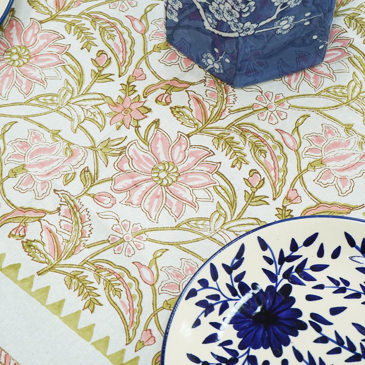 Afjali Tulip Floral Block Printed Table Cloth