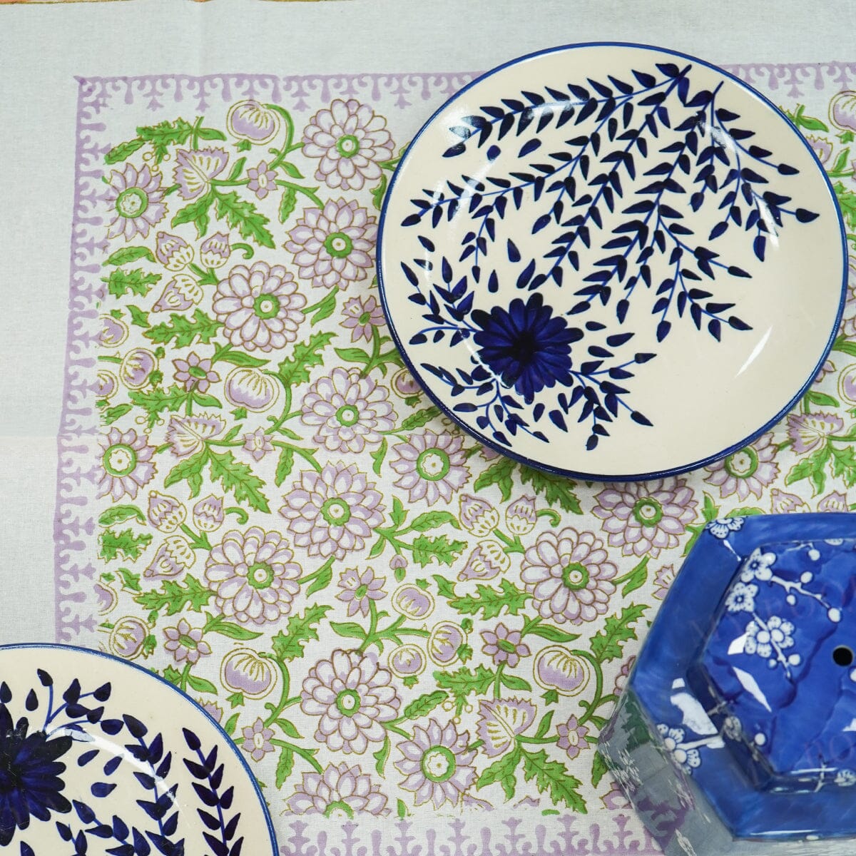 Dahlia Floral Block Printed Tablecloth