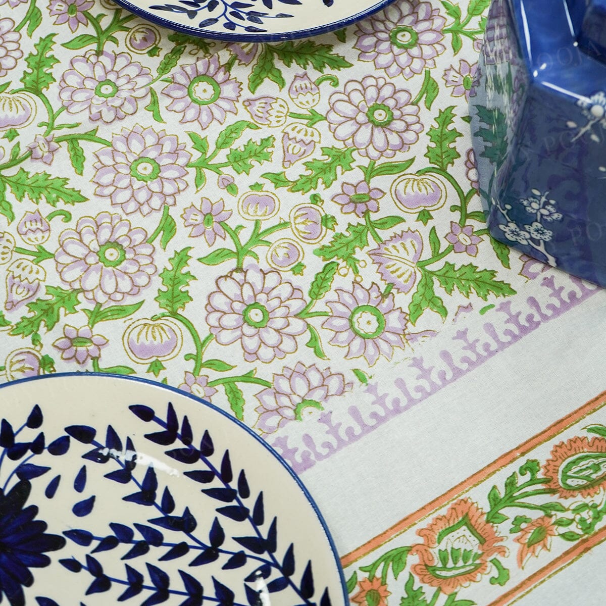 Dahlia Floral Block Printed Tablecloth