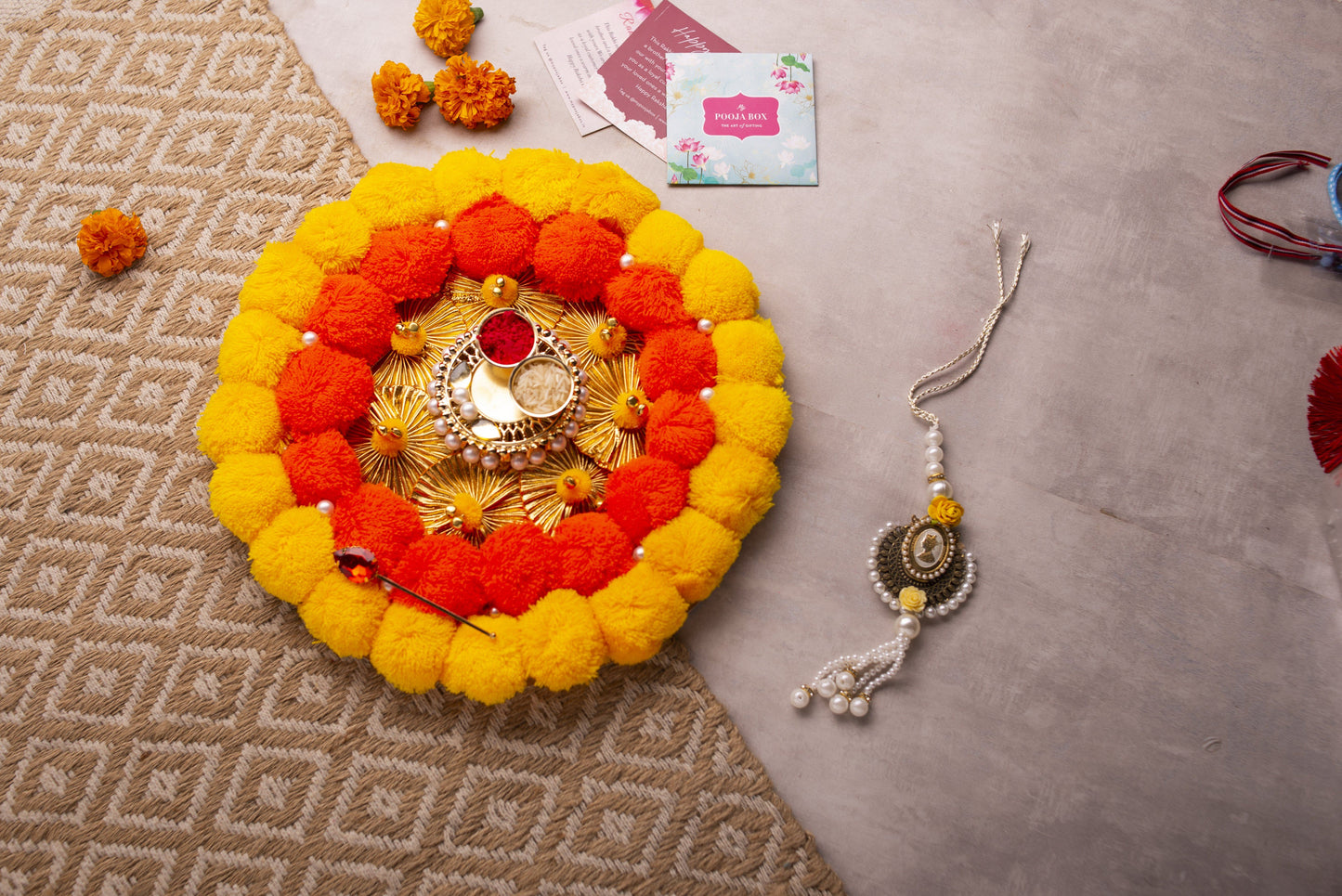 Pom Pom Decorative Tilak Akshat Pooja Thali