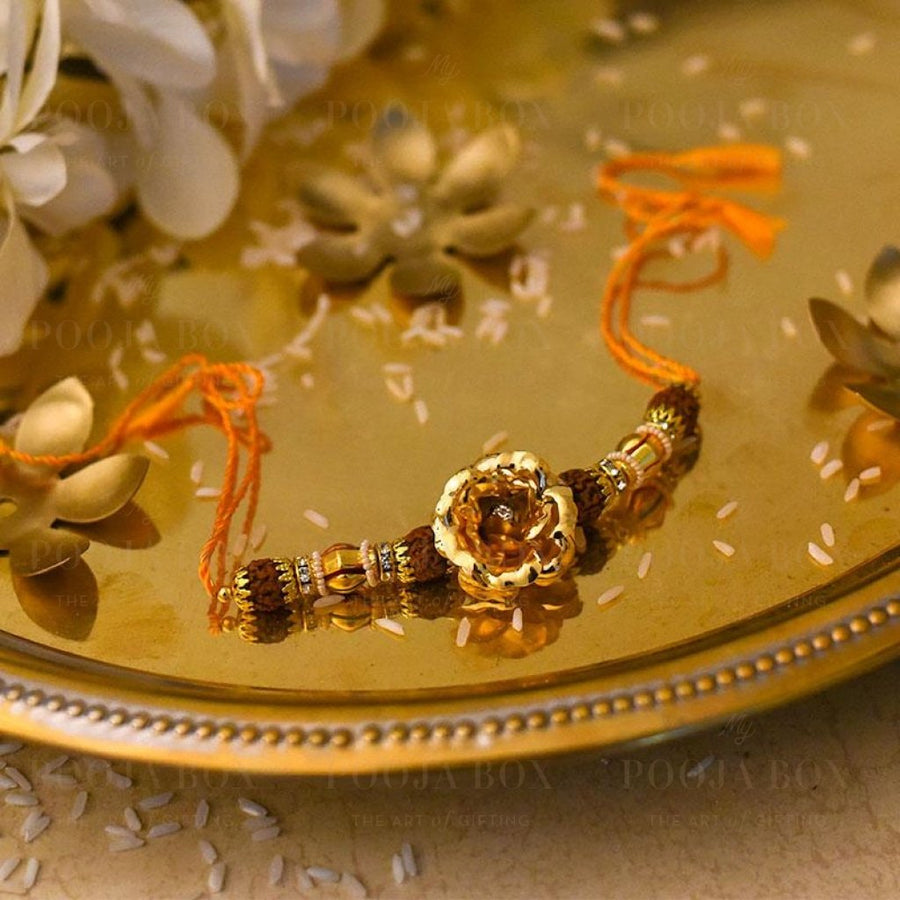 24K Gold Foil Rose & Rudraksha Rakhi