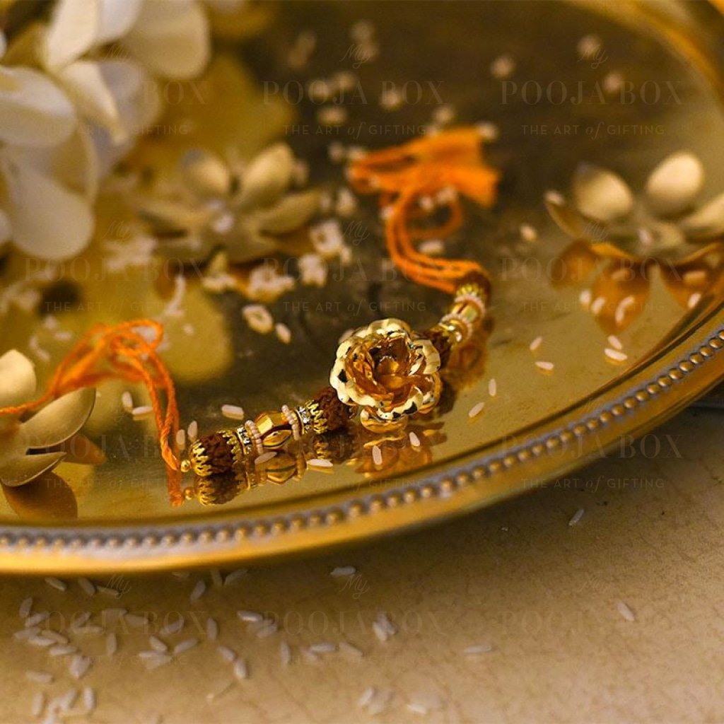 24K Gold Foil Rose & Rudraksha Rakhi