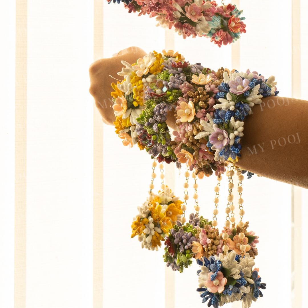 Floral Golden Pink Haath Phool Bracelet & Maang Tikka Set