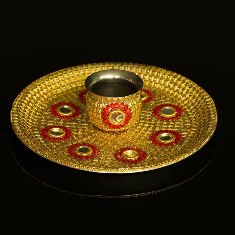 Embellished Thali & Lota - Golden & Red