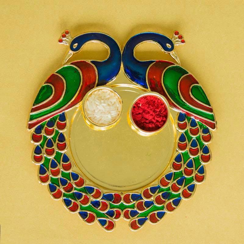 Pretty Minakari Peacock Pooja Platter with Two Bowls