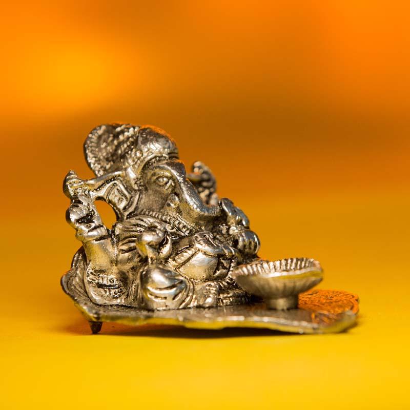 Antique Silver Lord Ganesha Statue on a Leaf