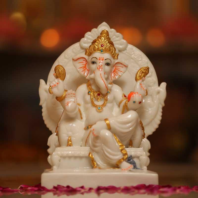 Handcrafted White Ganesha Statue on Throne