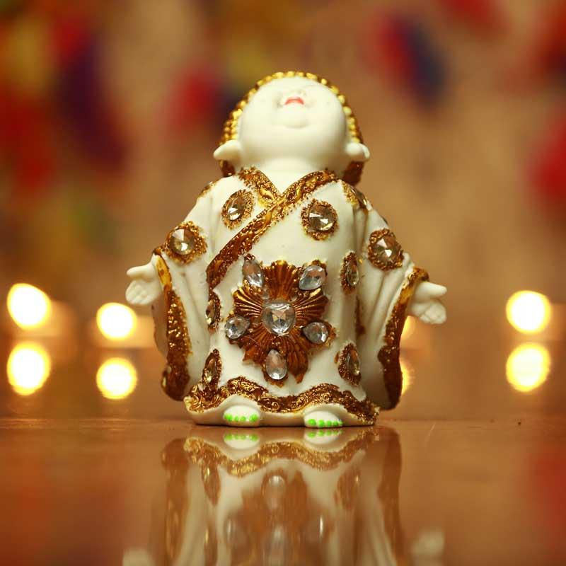 Pristine White and Gold Laughing Buddha (Set of 4)