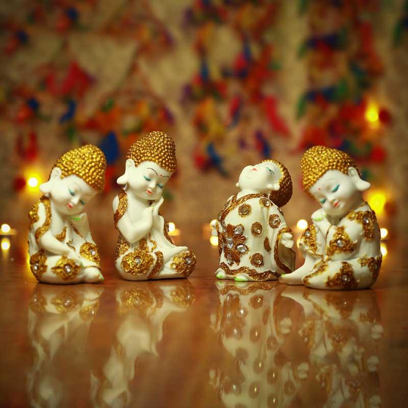 Pristine White and Gold Laughing Buddha (Set of 4)