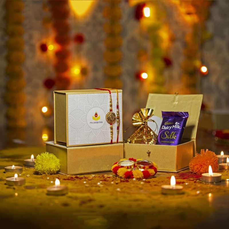 Petite Box with Set of Two Rakhis & Dairy Milk/Dry Fruits