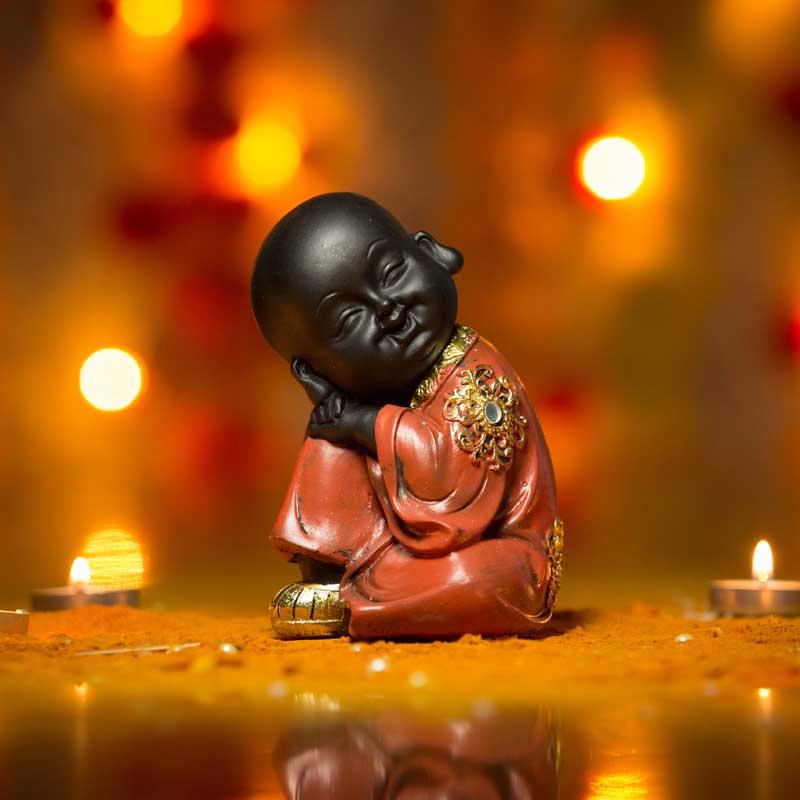 Sparkling Golden Contemplating Baby Monk Figurine Showpiece