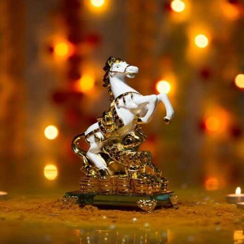 Feng Shui Golden White Horse on Coin Bed Showpiece