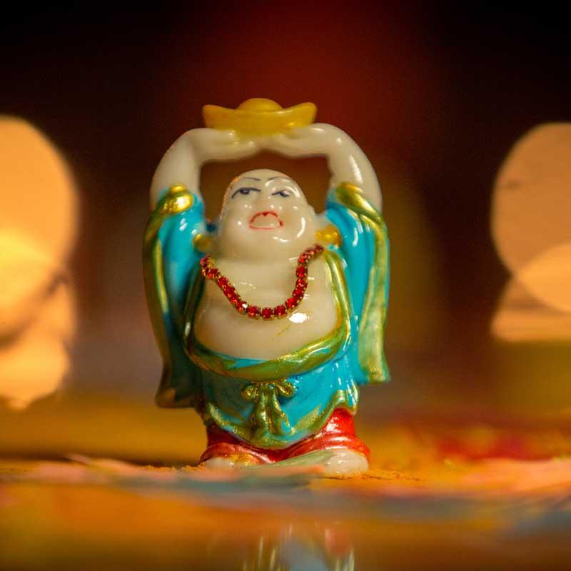 Feng Shui Laughing Buddha Figurine in Hands Up Position with Ingot
