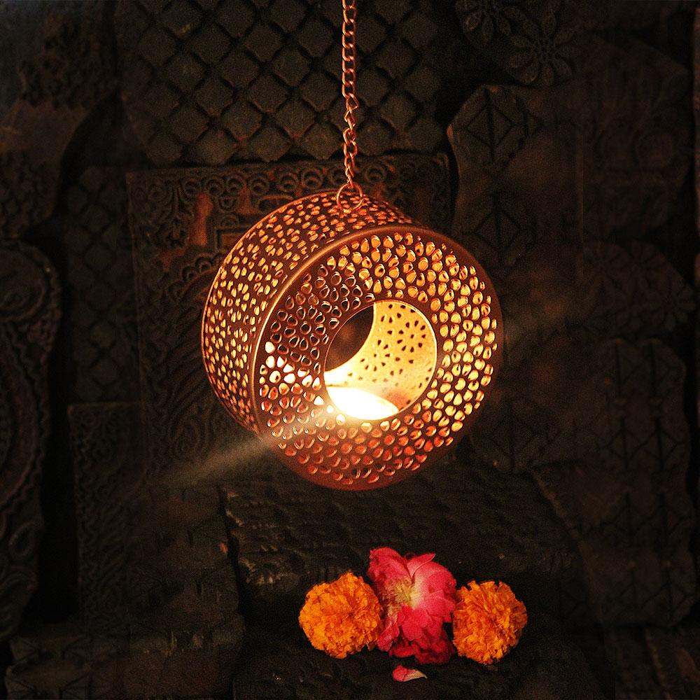 Elegant Round Ring-Shaped Copper T-Light Holder Hanging