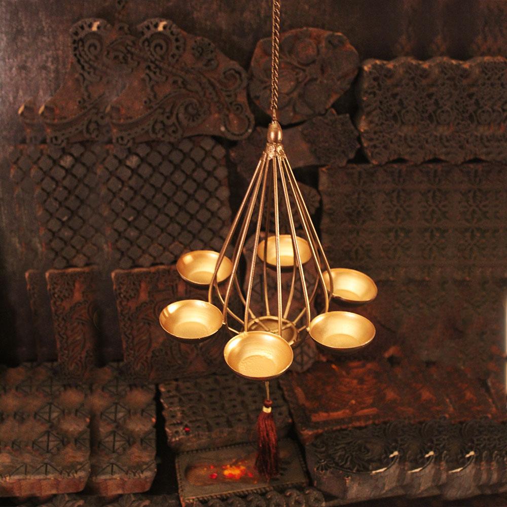 Modern-Classic Golden Chandelier Diya Tlight Holder Hanging