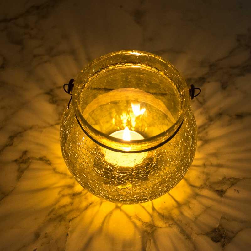 Designer Yellow Crackled Glass Lantern Tealight Holder