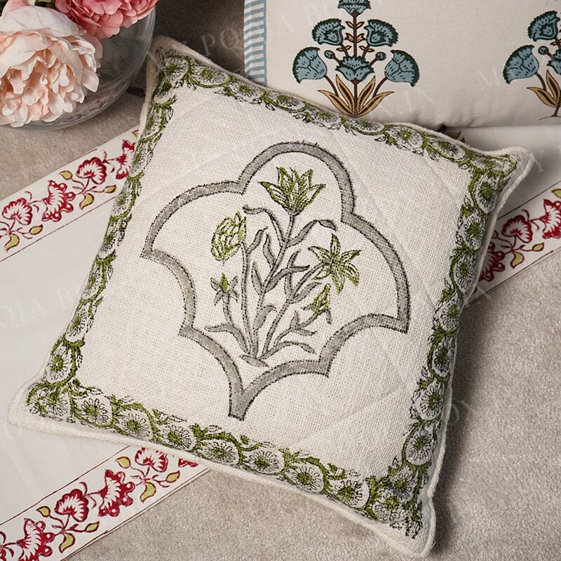 Nawabi Floral Block Print Quilted Cushion Cover