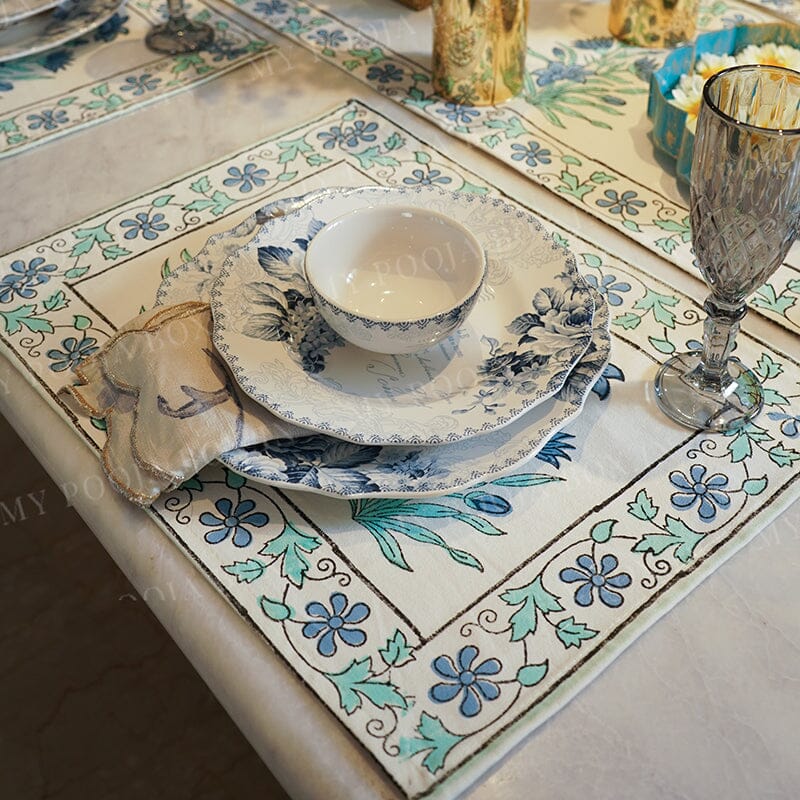 Neelam Blue Floral Block Print Cotton Table Mat Set Of 6