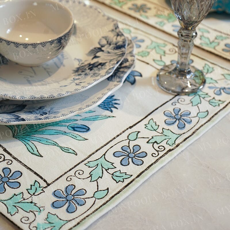 Neelam Blue Floral Block Print Cotton Table Mat Set Of 6