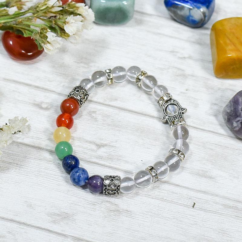 Clear Quartz Bracelet with Hamsa Charm 8 Chakra Bracelet