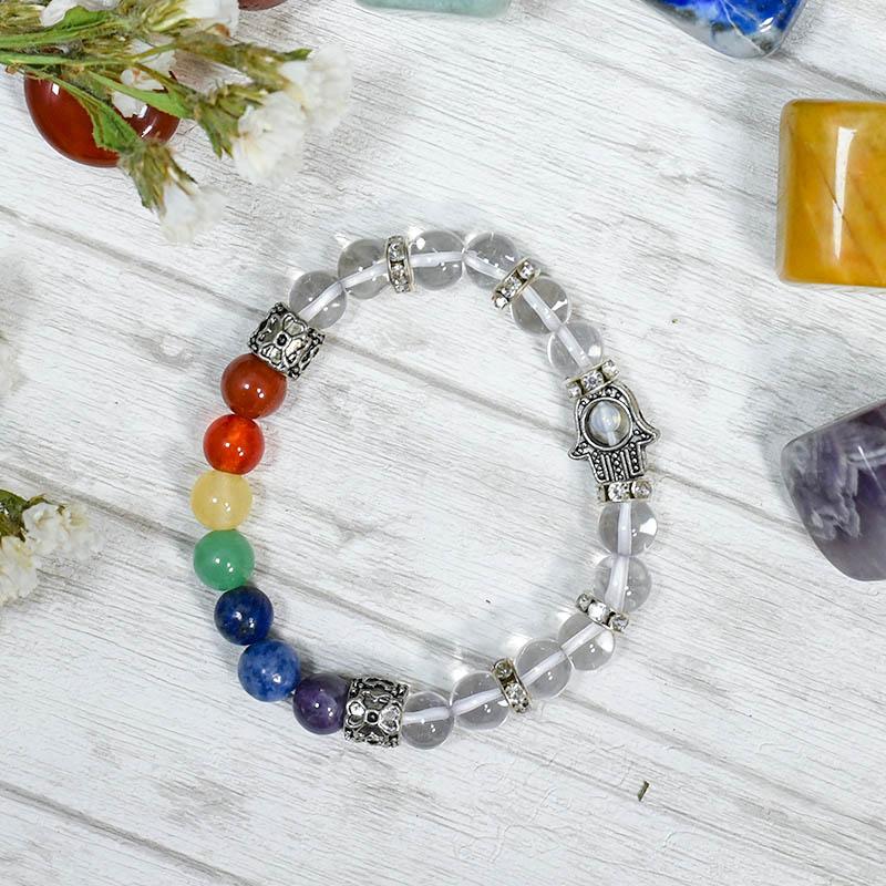 Clear Quartz Bracelet with Hamsa Charm 8 Chakra Bracelet