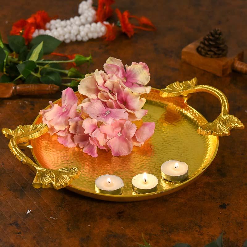 Handcrafted Metal Hammered Round Tray with Handles