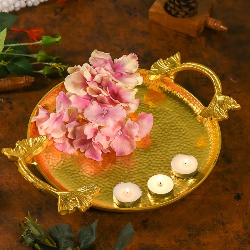 Handcrafted Metal Hammered Round Tray with Handles