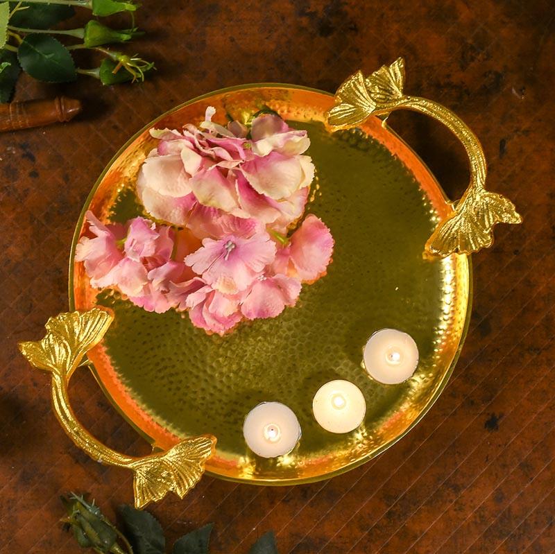 Handcrafted Metal Hammered Round Tray with Handles