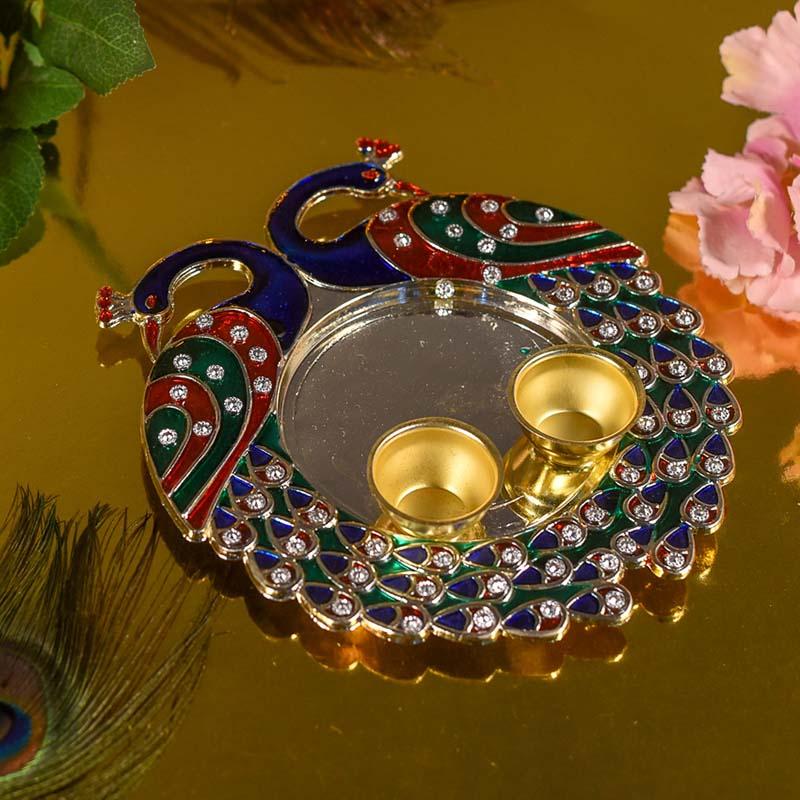 Pretty Minakari Peacock Pooja Platter with Two Bowls