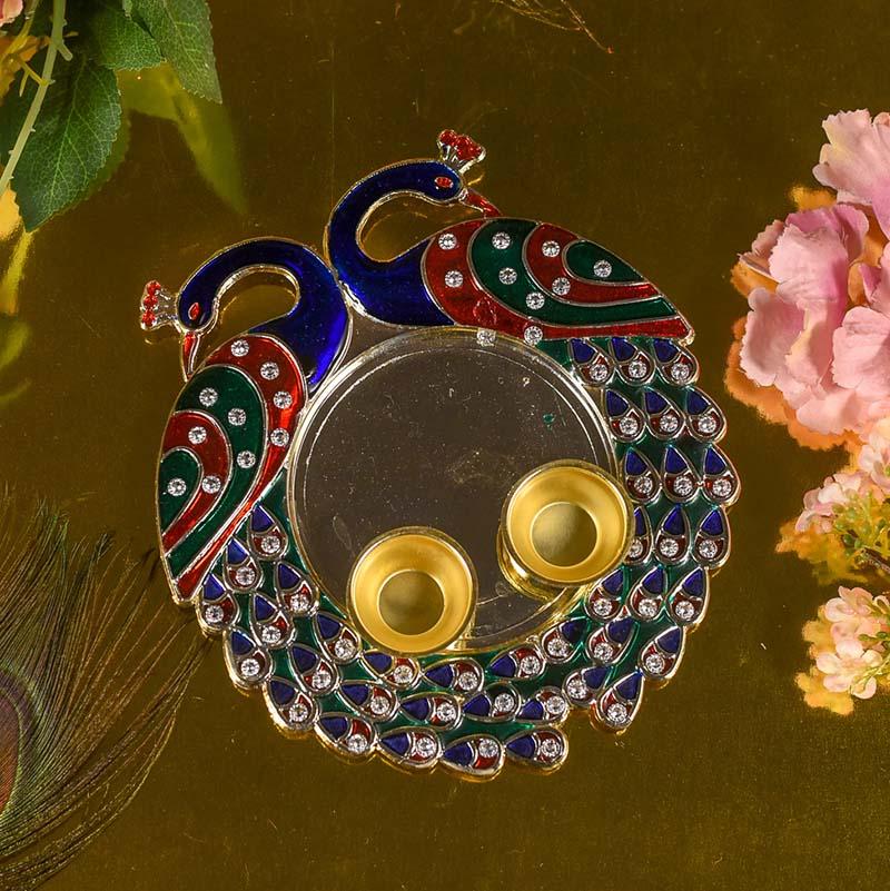 Pretty Minakari Peacock Pooja Platter with Two Bowls