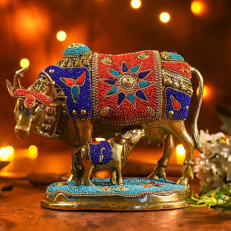 Decorative Colourful Kamdhenu with Calf Idol (Brass)
