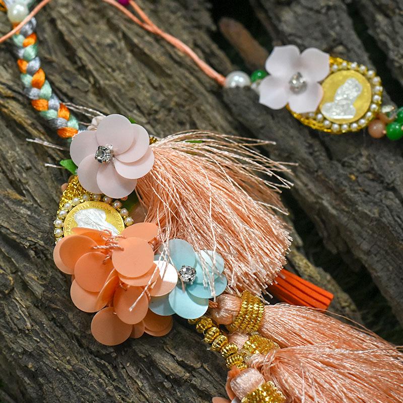 Peach Silver Coin Bhaiya Bhabhi Rakhi (Set Of 2)