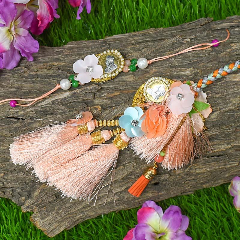 Peach Silver Coin Bhaiya Bhabhi Rakhi (Set Of 2)