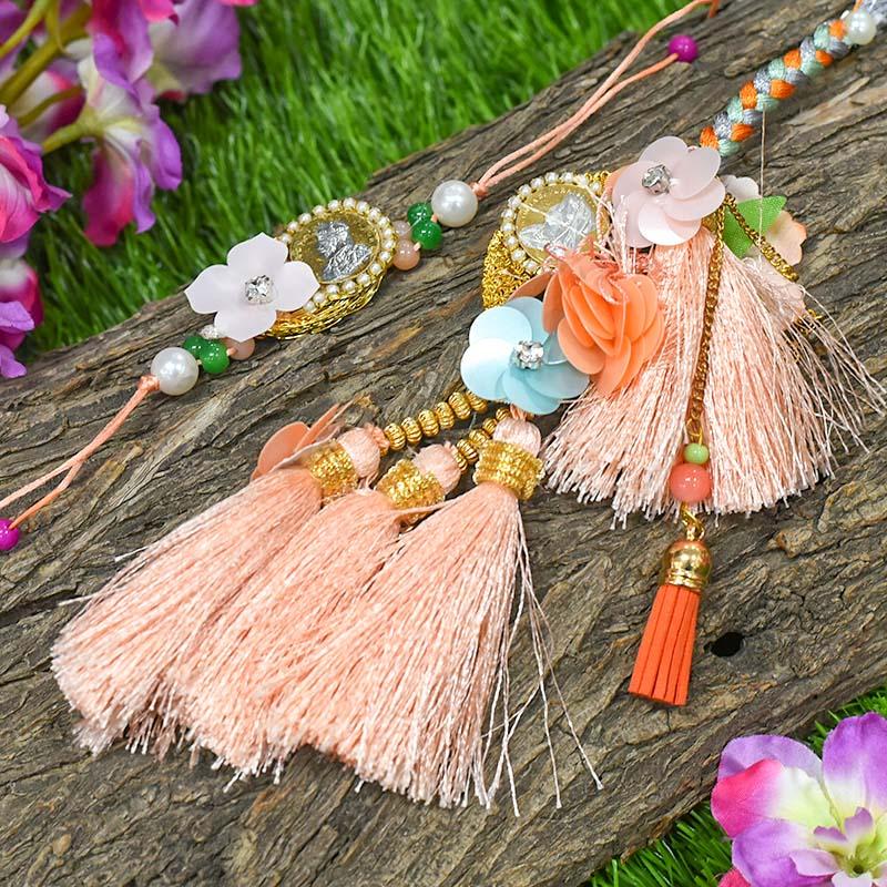 Peach Silver Coin Bhaiya Bhabhi Rakhi (Set Of 2)