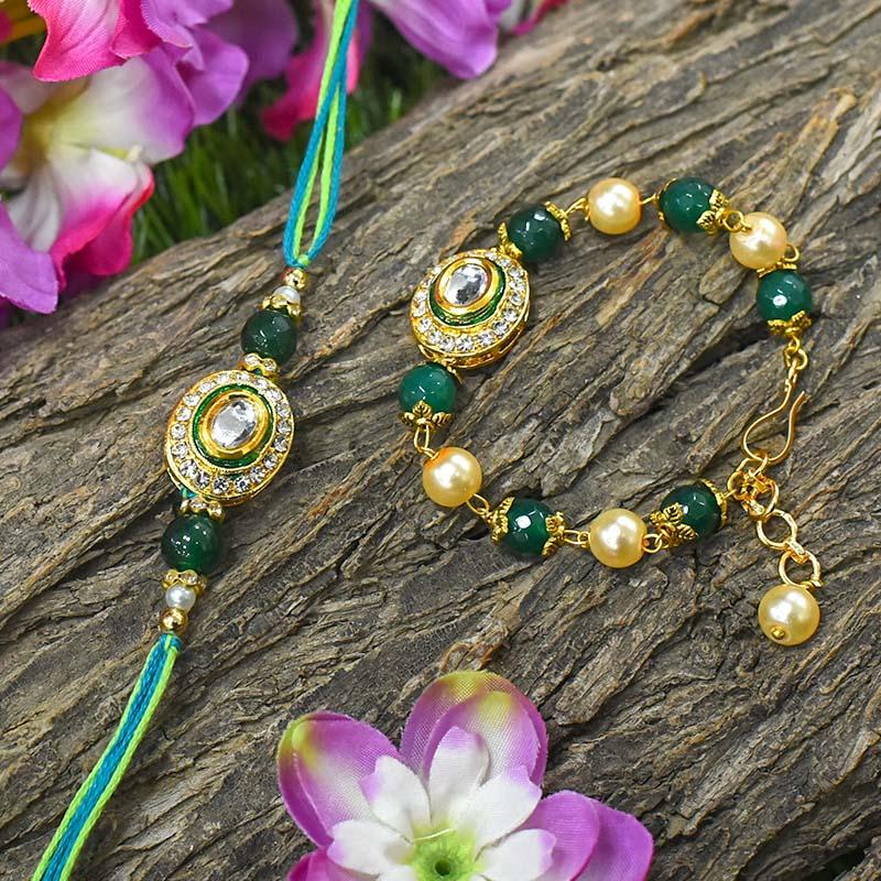 Lush Green Kundan Bhaiya Bhabhi Rakhi