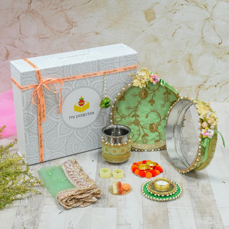 Beautiful Mint Daisy Karwa Chauth Box