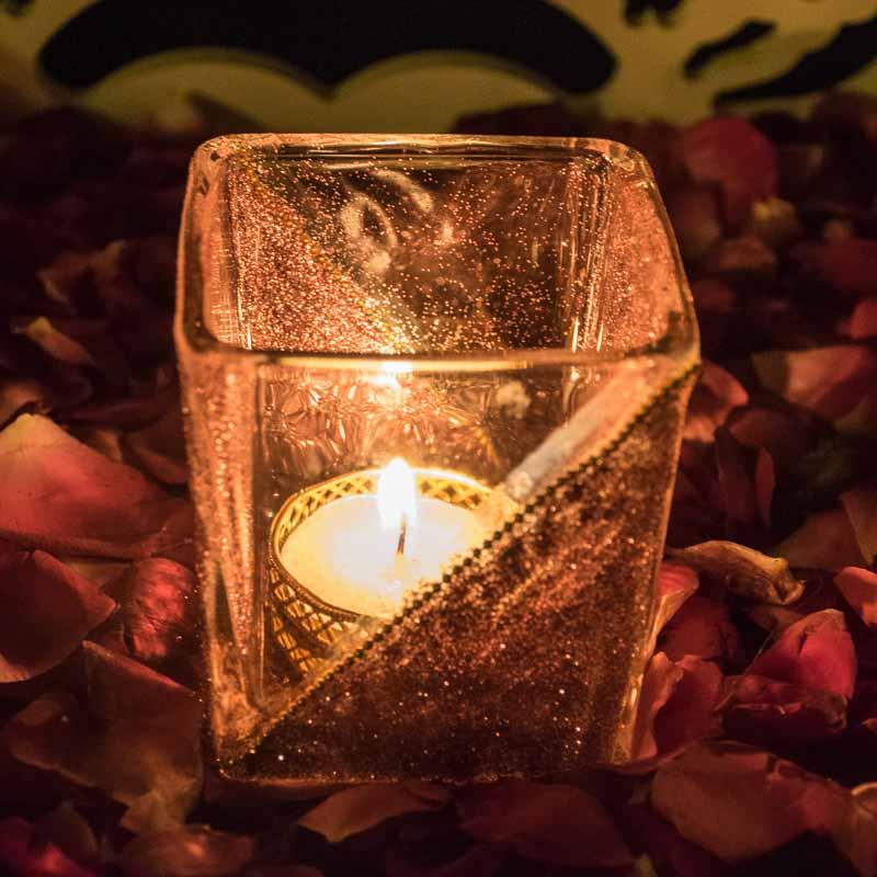 Decorative Diagonal Pink Glitter Glass Candle | Tealight Holder