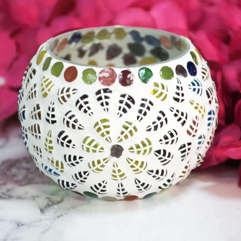 Mosaic Leaf and Floral Pattern Glass Tlight Candle Holder