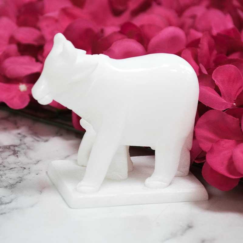 Graceful White Marble Cow and Calf Idol Figurine