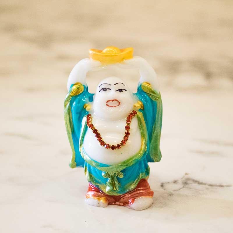 Feng Shui Laughing Buddha Figurine in Hands Up Position with Ingot
