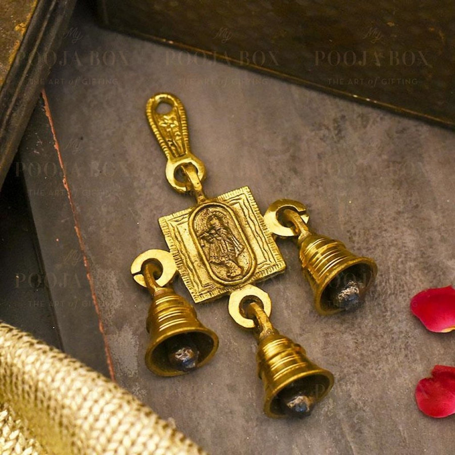 Antique Brass 3 Bells With Krishna Figurine Bell