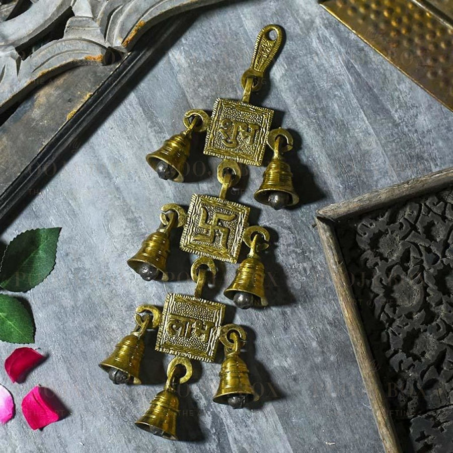 Antique Brass 7 Bells With Shubh Labh Swastik Figurine Bell