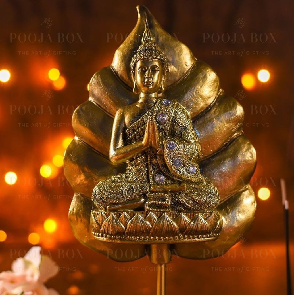Antique Golden Buddha On Standing Bodhi Leaf Idols