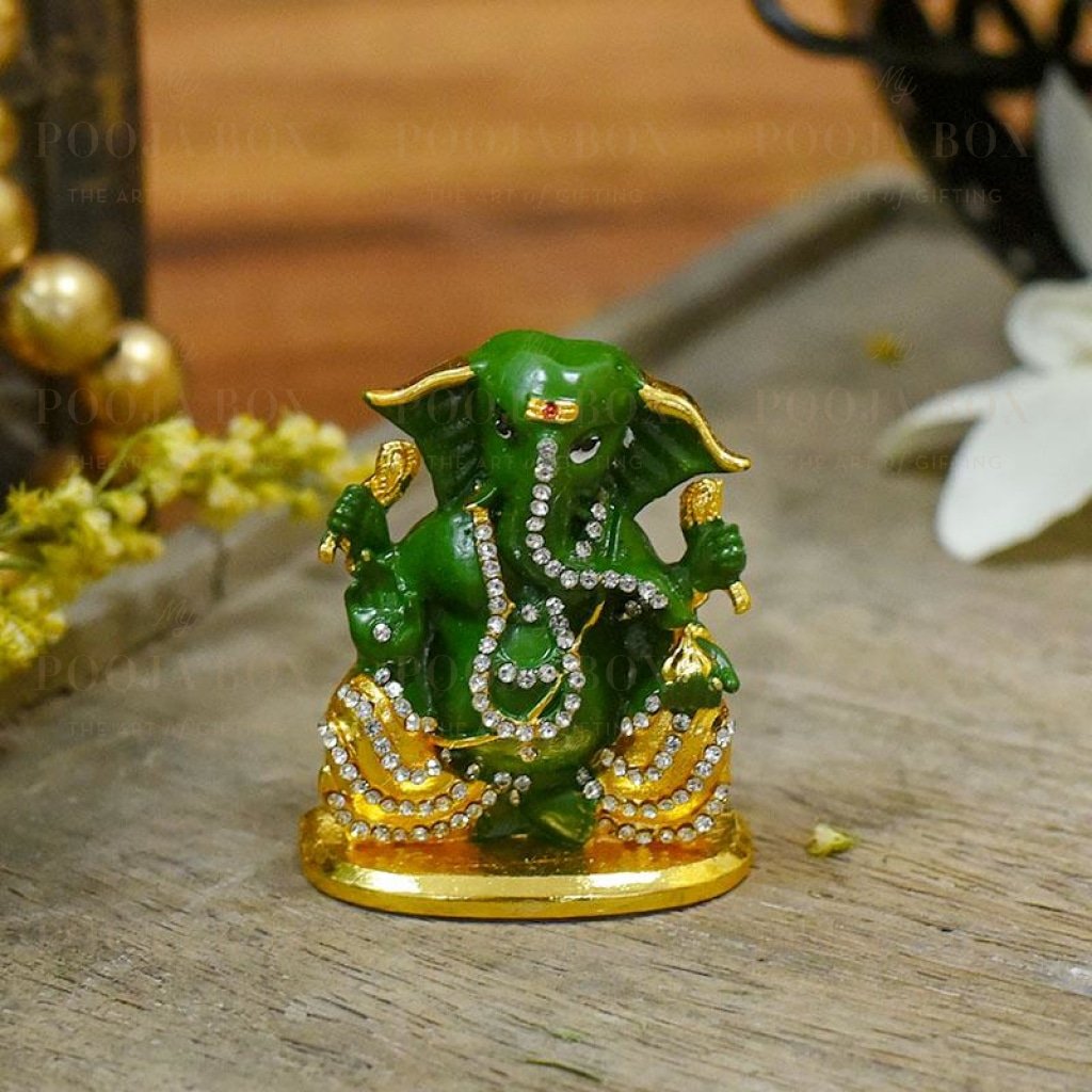 Attractive Green Studded Dashboard Ganesha Idol Idol