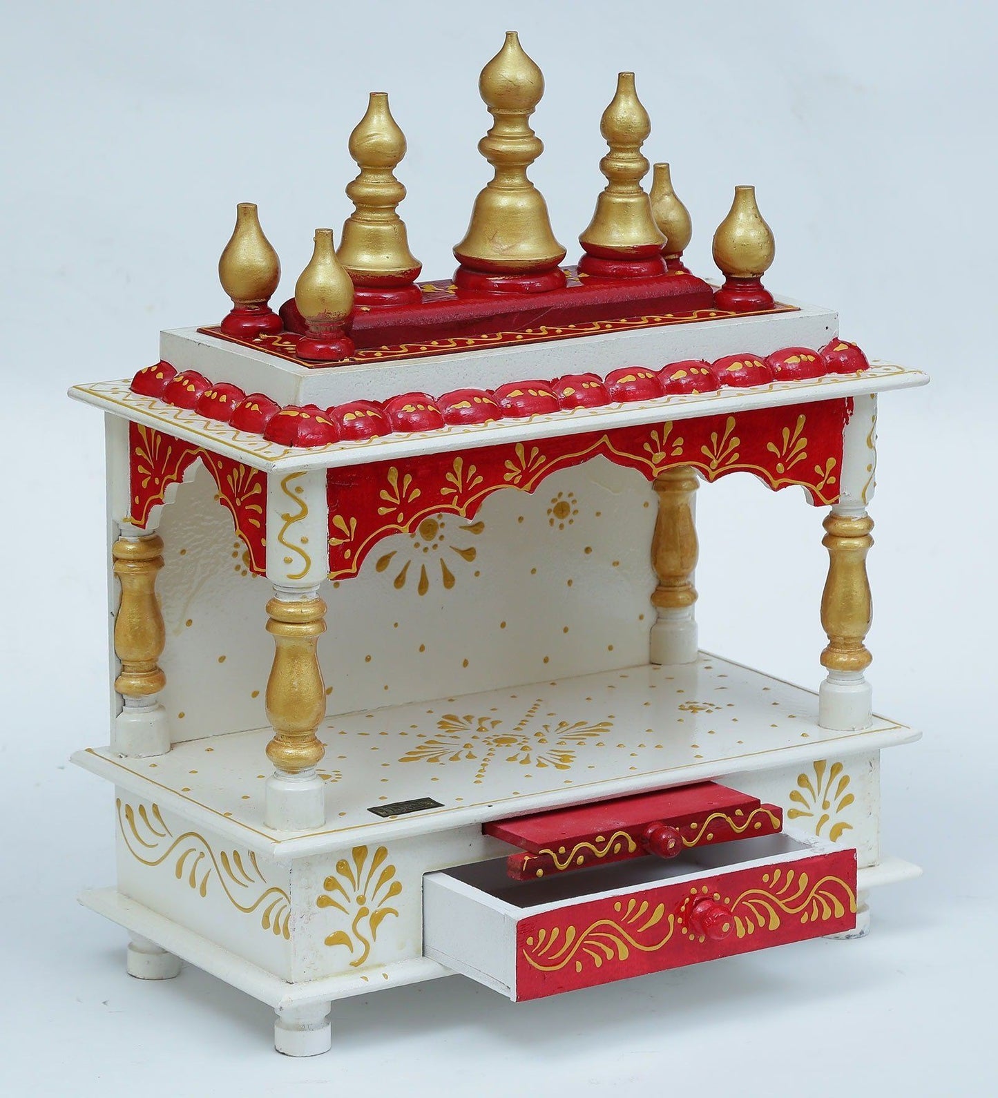 White & Red Sheesham Wood Pooja Mandir