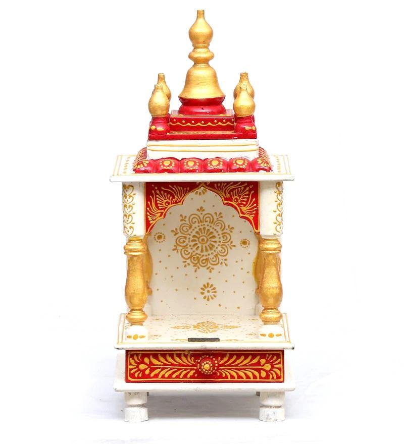 Small White & Red Sheesham Wood Puja Mandir